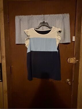 SHEIN Navy, Light Blue & Cream Ruffle Sleeve Colorblock Top